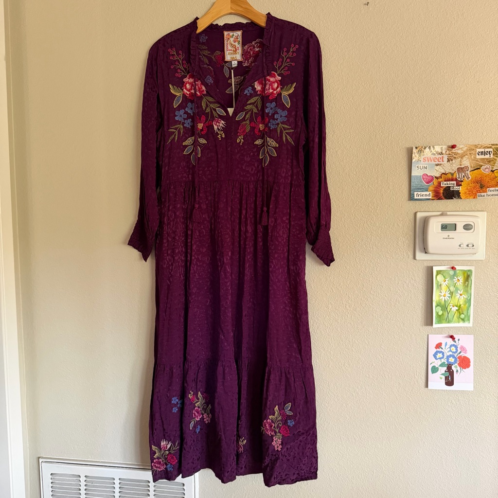 Johnny Was Sassiba Smocked Sleeve Tiered Midi Dress Aubergine Purple Size Small